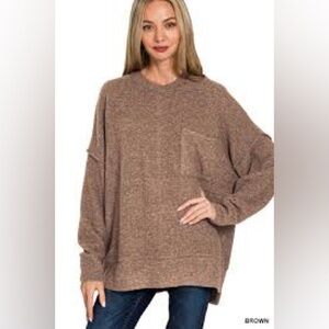 Zenana Hacci Oversized Boxy Brown Soft Sweater relaxed slouchy fit Size L / XL